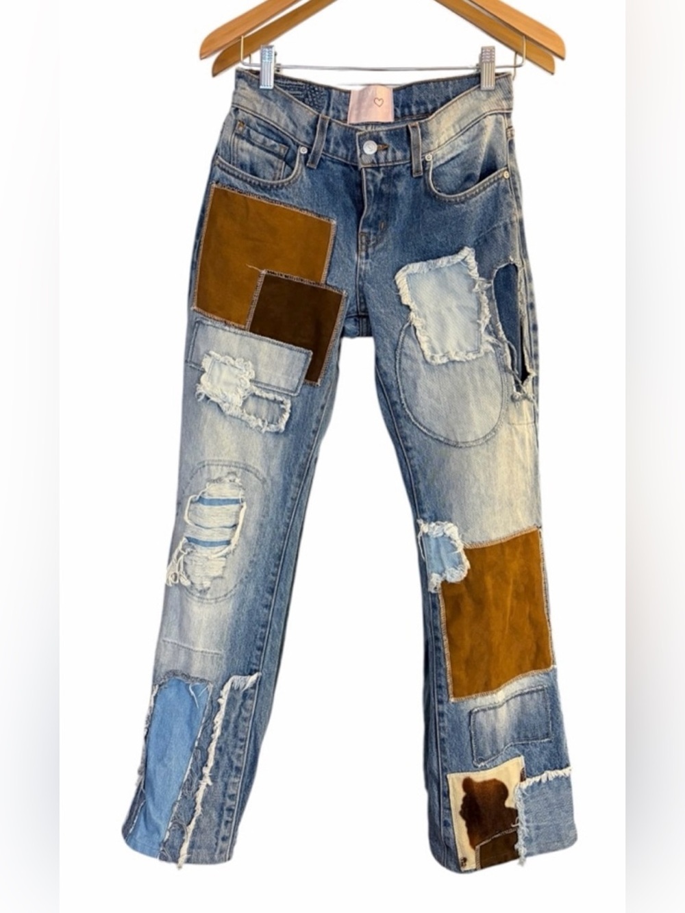 REVICE Patchwork Light Blue Flare Jeans with Brown Suede Accents - Picture 6 of 8